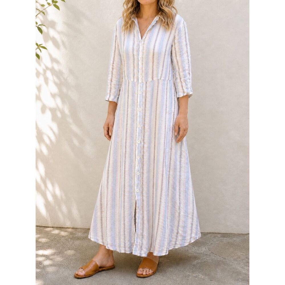 CP Shades Michelle Dress Size Medium Linen Stripe Button Front Maxi Made in USA